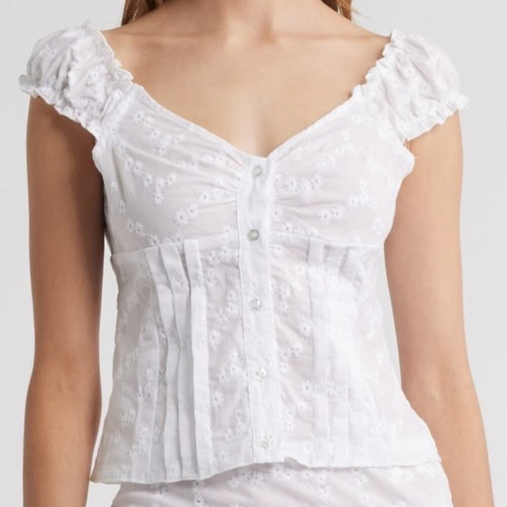 Bella Venice Embroidered Cotton Button-Up Top - White - Size Large